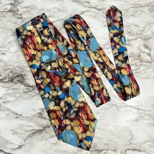 Serica Elite Men’s Unique Tie, Red, Blue, Gold, Beige, Navy Abstract Pattern